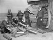 <p>Photographer: Arless, Richard Graham, 1919-. Location: Normandy, France. Description: (Front, L-R): Ordinary Seamen K. Allen and R. De Guire. (Rear, L-R): Able Seamen G. Trevisanutto and J. Van Dyke, Ordinary Seamen A. Irwin and E. Mathetuk. Date: June 1944. Credit: Library Archives Canada</p> 