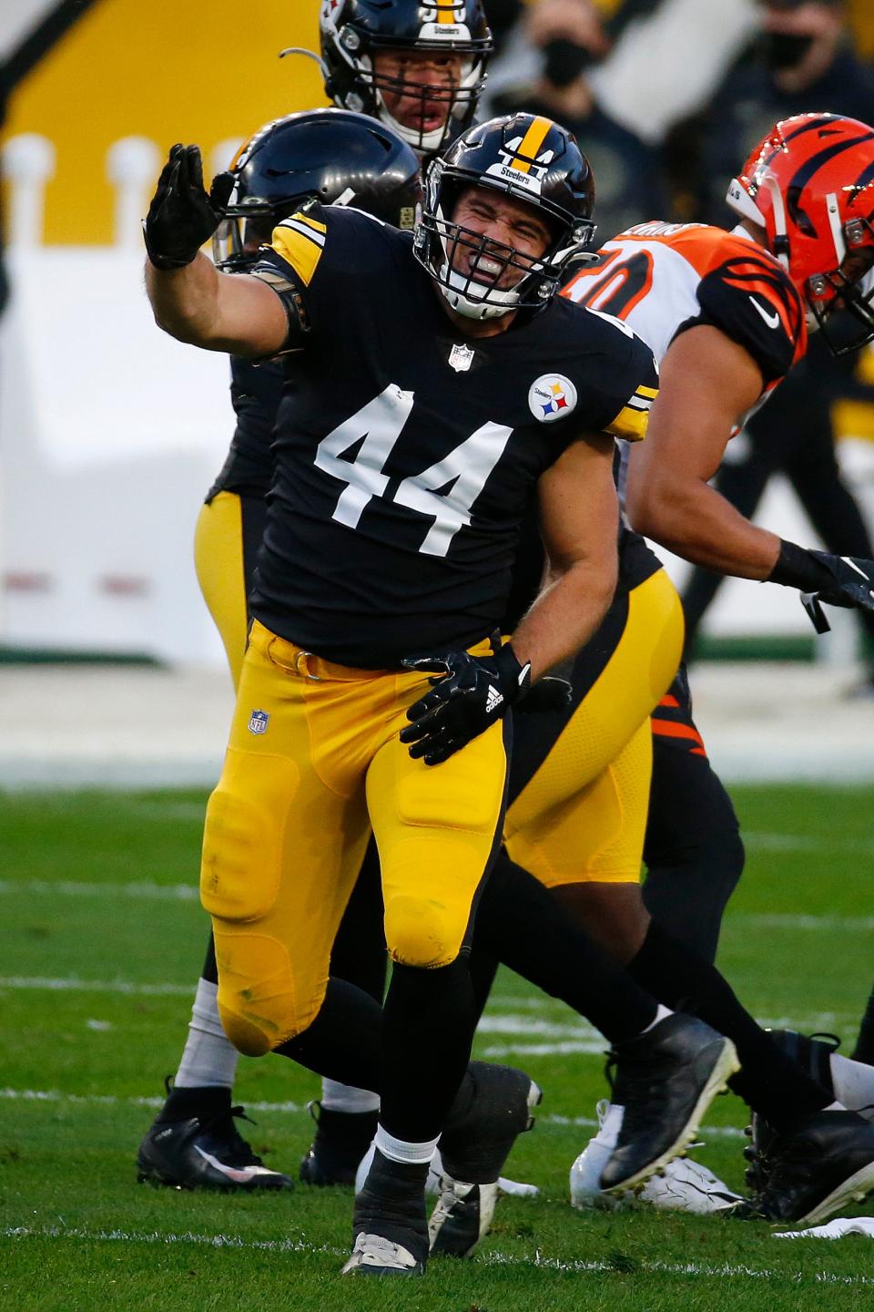 Pittsburgh fullback Derek Watt celebrates a Steelers fumble recovery against the Cincinnati Bengals during their game on Nov. 15, 2020, at Heinz Field. Watt and the Steelers won the game, 36-10.