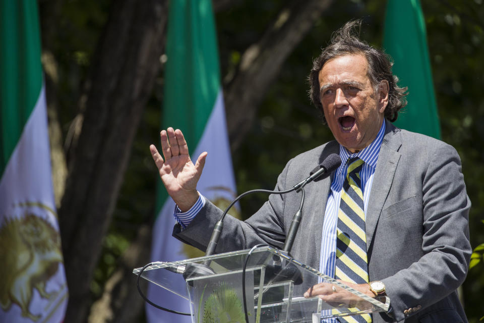 Former U.N. Ambassador and New Mexico Gov. Bill Richardson, speaks to activists gathered at the State Department before a march to the White House to call for regime change in Iran, Friday, June 21, 2019, in Washington. (AP Photo/Alex Brandon)