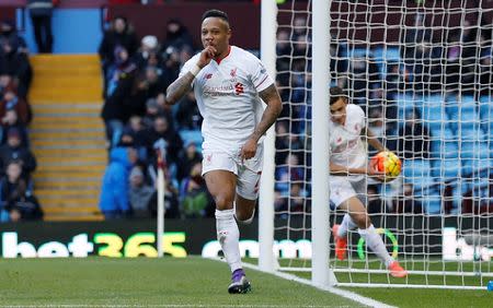 Football Soccer - Aston Villa v Liverpool - Barclays Premier League - Villa Park - 14/2/16 Nathaniel Clyne celebrates scoring the fifth goal for Liverpool Reuters / Phil Noble Livepic