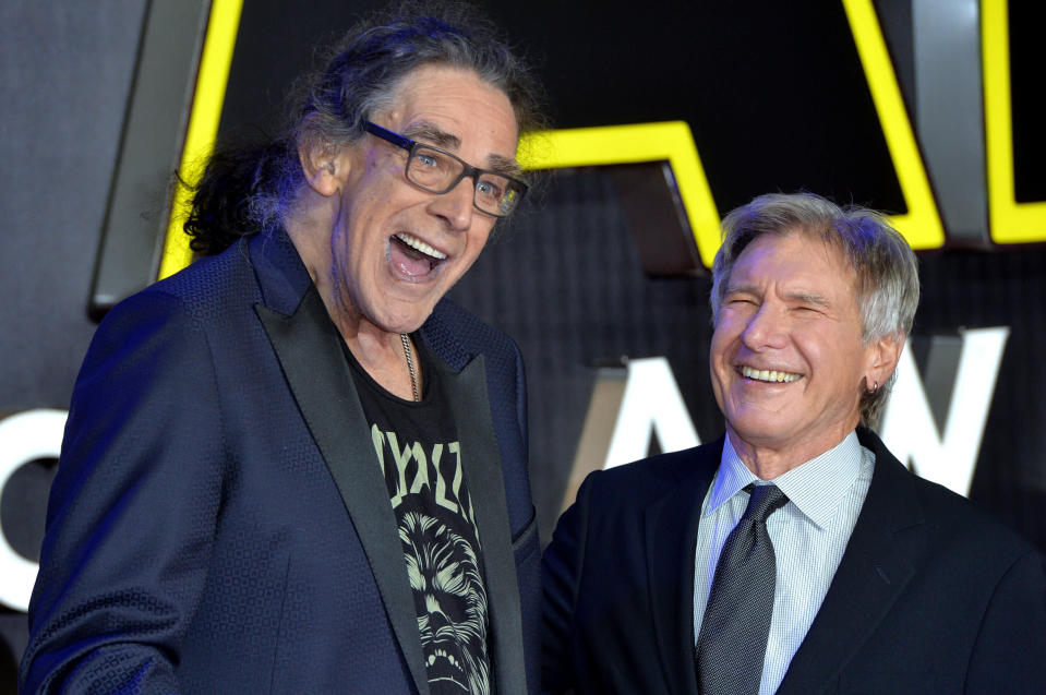 LONDON, ENGLAND - DECEMBER 16:  Peter Mayhew and Harrison Ford attend the European Premiere of "Star Wars: The Force Awakens" at Leicester Square on December 16, 2015 in London, England.  (Photo by Anthony Harvey/Getty Images)