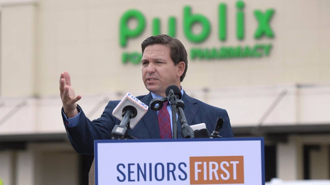 Gov. Ron DeSantis speaks during a press conference outside a Publix Super Market in Ponte Vedra Beach, Florida, on Jan. 13, 2021.