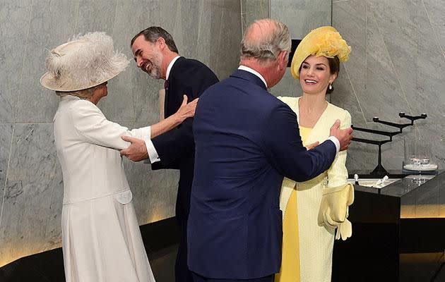 The Spanish royals were seen exchanging kisses and hugs with the British royals on their state visit. Photo: Getty