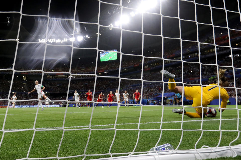 LYON, FRANCE - JULY 02: Alyssa Naeher goalkeeper of the USA saves a penalty from Steph Houghton of England during the 2019 FIFA Women's World Cup France Semi Final match between England and USA at Stade de Lyon on July 02, 2019 in Lyon, France. (Photo by Robert Cianflone/Getty Images)