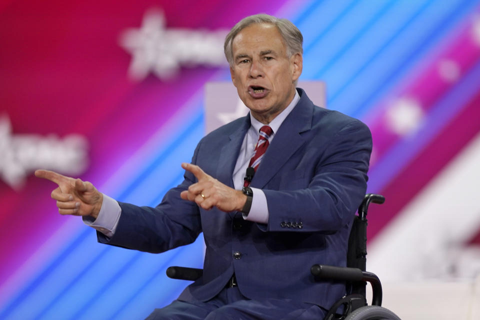 FILE - Texas Gov. Greg Abbott speaks at the Conservative Political Action Conference (CPAC) in Dallas, Aug. 4, 2022. California Gov. Gavin Newsom, a Democrat, is traveling to Texas on Saturday, Sept. 24, 2022. Newsom has publicly criticized Abbott and other governors from conservative states. (AP Photo/LM Otero, File)