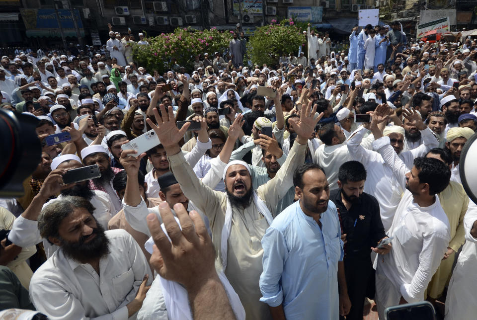 Pakistani traders demonstrate to condemn derogatory references to Islam and the Prophet Muhammad recently made by Nupur Sharma, a spokesperson of the governing Indian Hindu nationalist party, Friday, June 10, 2022, in Peshawar, Pakistan. (AP Photo/Mohammad Sajjad)