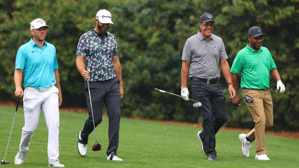 Talor Gooch, Dustin Johnson, Phil Mickelson and Harold Varner playing a practice round ahead of the 2023 Masters