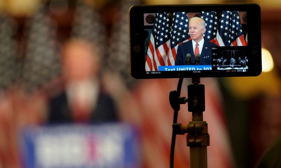 Joe Biden is seen on a monitor as he speaks in Philadelphia, Pennsylvania, on 2 June.