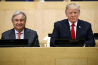 <p>President Donald Trump sits with UN Secretary General Antonio Guterres for a photo before the “Reforming the United Nations: Management, Security, and Development” meeting during the United Nations General Assembly, Monday, Sept. 18, 2017, in New York. (Photo: Evan Vucci/AP) </p>