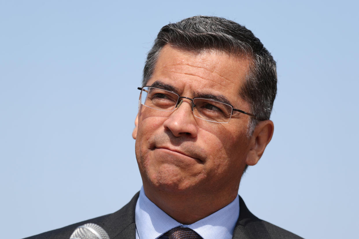 California Attorney General Xavier Becerra speaks about President Trump's proposal to weaken national greenhouse gas emission and fuel efficiency regulations, at a media conference in Los Angeles, California, U.S. August 2, 2018. REUTERS/Lucy Nicholson