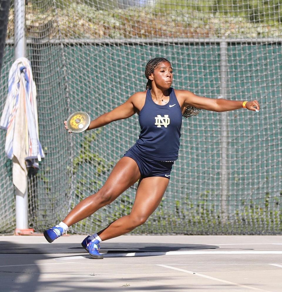 Aja Johnson of Sherman Oaks Notre Dame competes in the girls discus throw at the CIF state track and field championships.