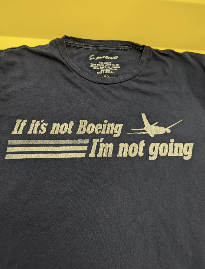 Black T-shirt with text "If it's not Boeing, I'm not going" and silhouette of an airplane