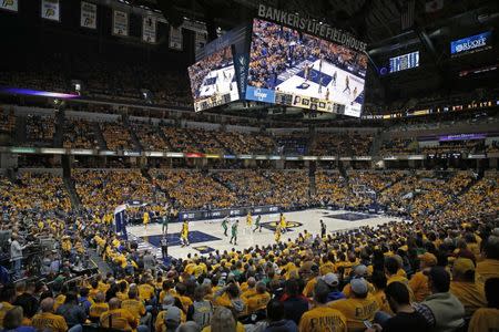 Apr 19, 2019; Indianapolis, IN, USA; A wide angle view of game three of the first round of the 2019 NBA Playoffs between the Indiana Pacers and the Boston Celtics during the fourth quarter at Bankers Life Fieldhouse. Mandatory Credit: Brian Spurlock-USA TODAY Sports