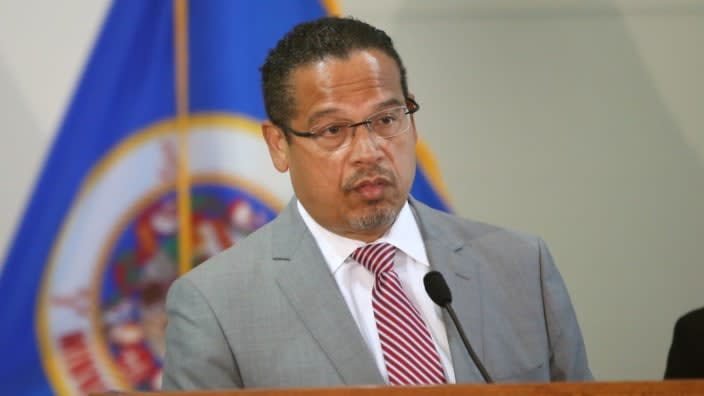 Minnesota Attorney General Keith Ellison is seen in June 2020 announcing charges against three former Minneapolis police officers in the death of George Floyd. This week, Ellison’s office charged another former officer, Justin Stetson, with assault for allegedly beating a Black man protesting Floyd’s fate at the hands of police. (Photo: Scott Olson/Getty Images)