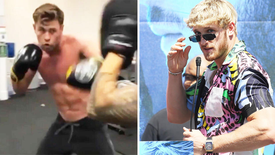 Logan Paul (pictured right) at a press conference and actor Chris Hemsworth (pictured left) working out.