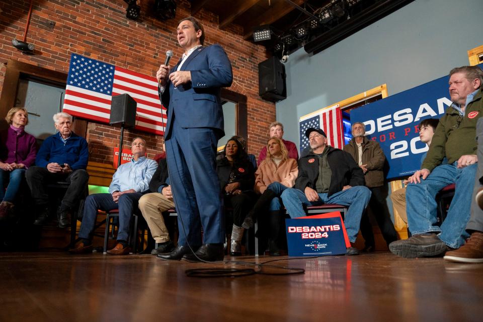 Florida Governor Ron DeSantis speaks at a town hall meeting Jan. 19 at Cara Irish Pub & Restaurant in Dover, NH, ahead of the New Hampshire presidential primary. He quit the race for the GOP presidential nomination two days later.