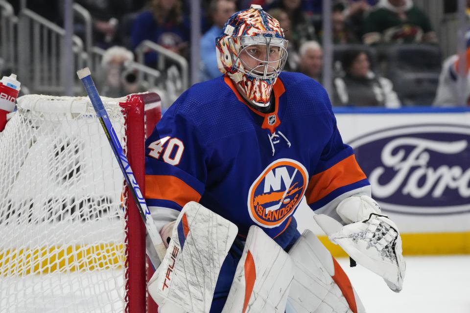 New York Islanders goaltender Semyon Varlamov (40) protects his net during the first period of an NHL hockey game against the Minnesota Wild Tuesday, Nov. 7, 2023, in Elmont, N.Y. (AP Photo/Frank Franklin II)