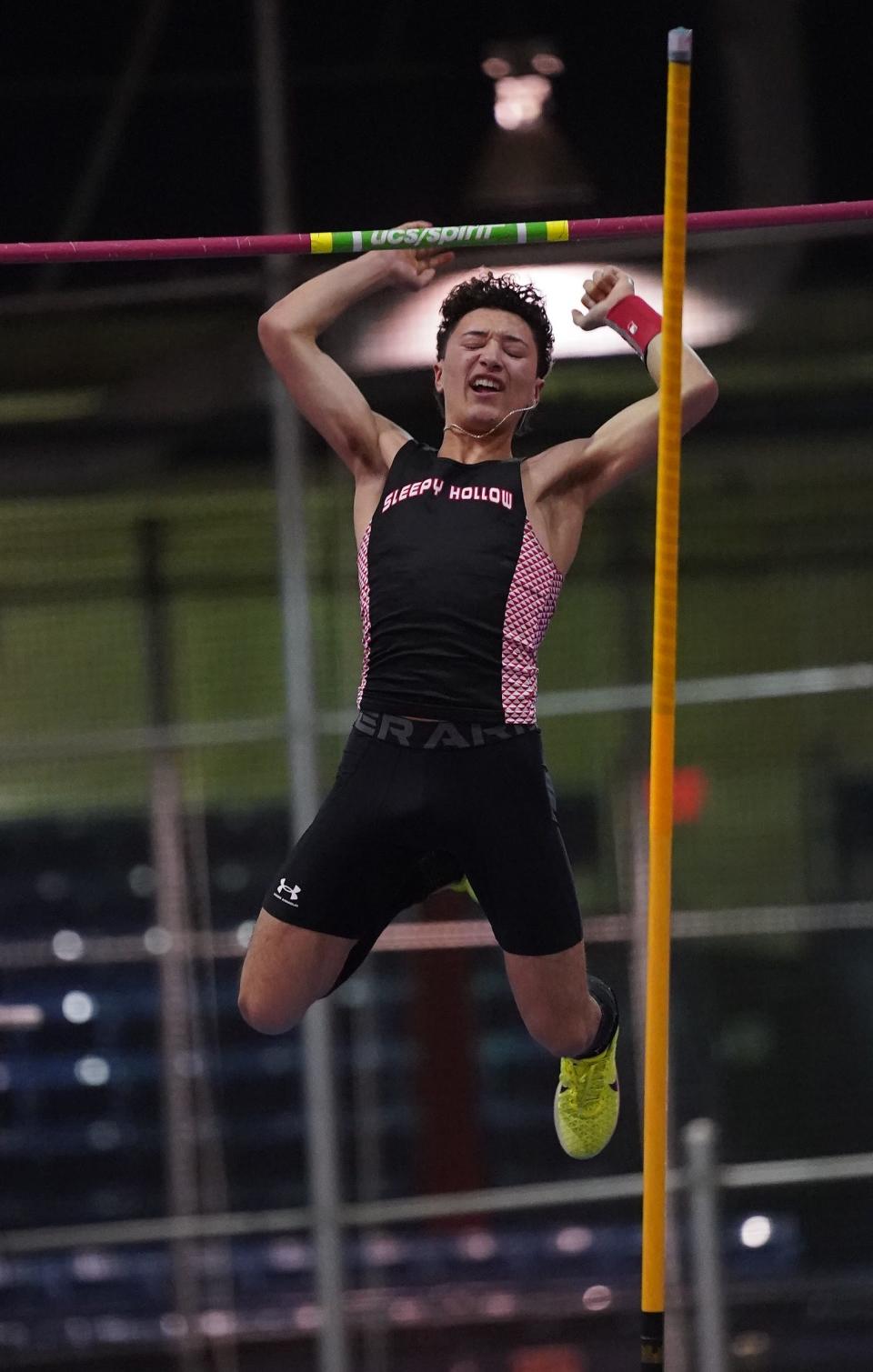 Sleepy Hollow's Aaron Bell reacts after clearing 12'6" in the pole vault at the Westchester County Track & Field Championships held at the Armory Track & Field Center on Saturday, Jan. 27, 2024.