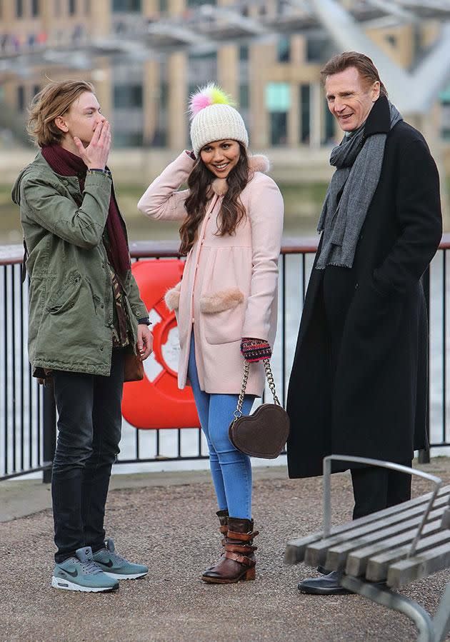 The couple can be seen reuniting with Sam's stepdad Daniel. Source: Splash