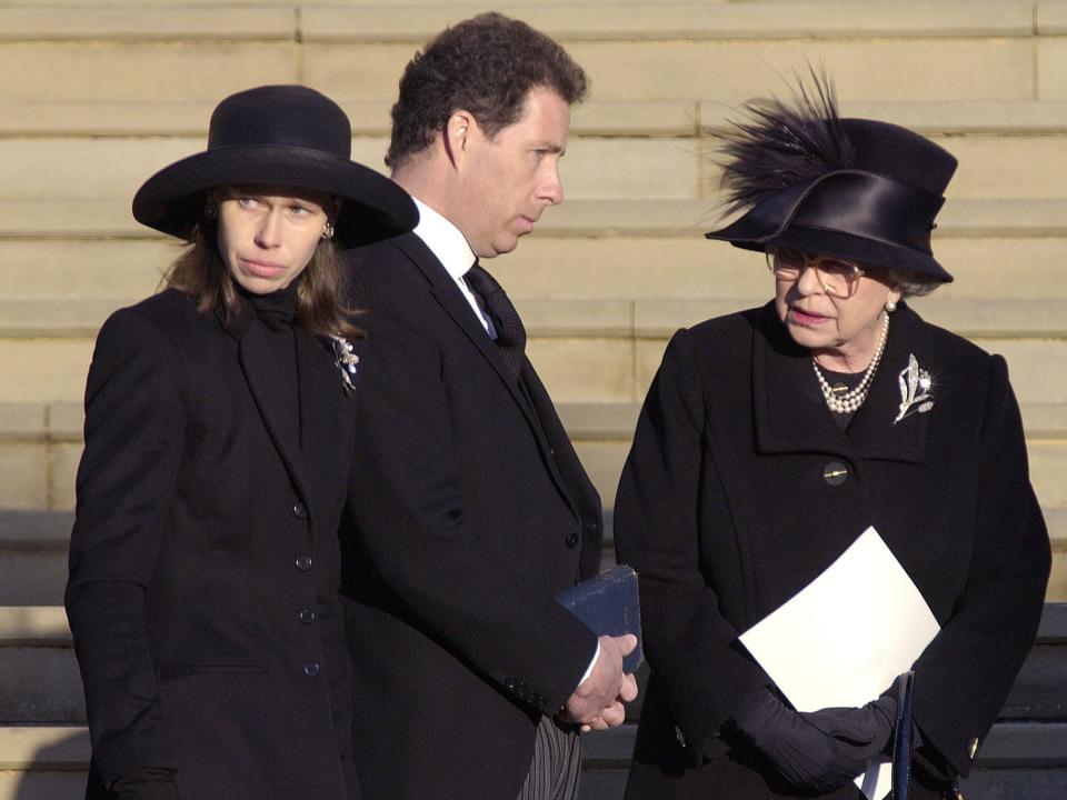 Britain's Queen Elizabeth II (right) Viscount Linley (centre) and Sarah Chatto arrive for the funeral of Princess Margaret at St George's Chapel in Windsor Castle on February 15, 2002.