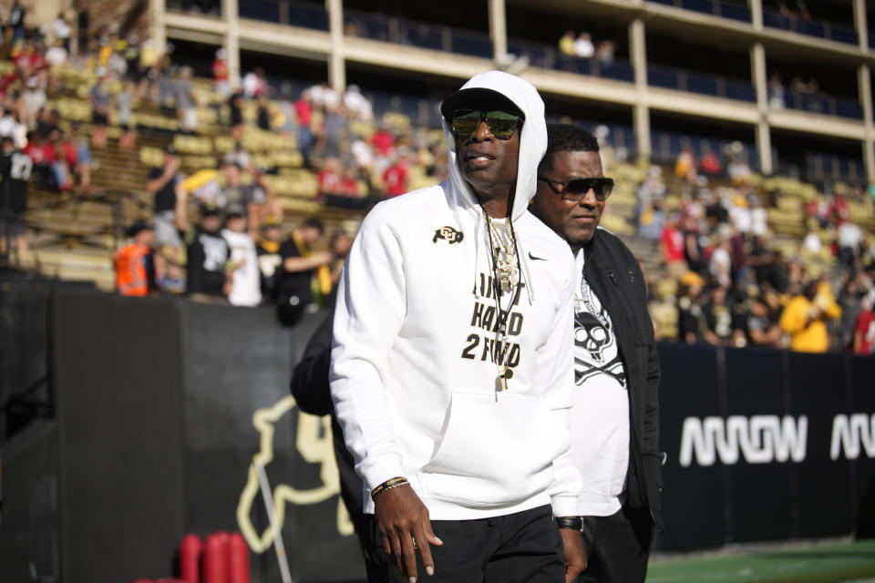 Colorado head coach Deion Sanders before an NCAA college football game Saturday, Sept. 9, 2023, in Boulder, Colo. (AP Photo/David Zalubowski)