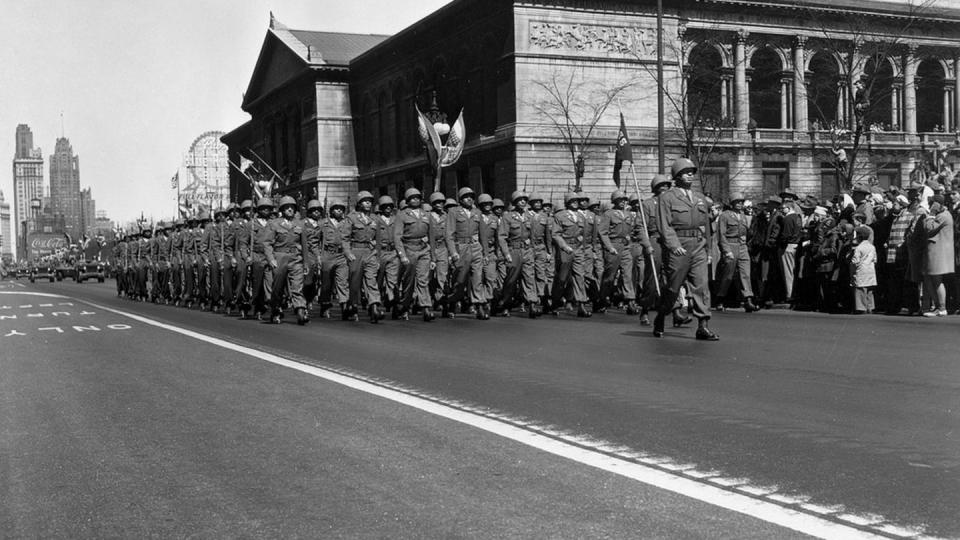 The men of the 555th Parachute Infantry Regiment march in the New York City Victory Parade on January 12, 1946.  Maj. Gen. Jim Gavin ensured the “Triple Nickles” not only marched in the parade, but wore the insignia of the 82nd Airborne Division.