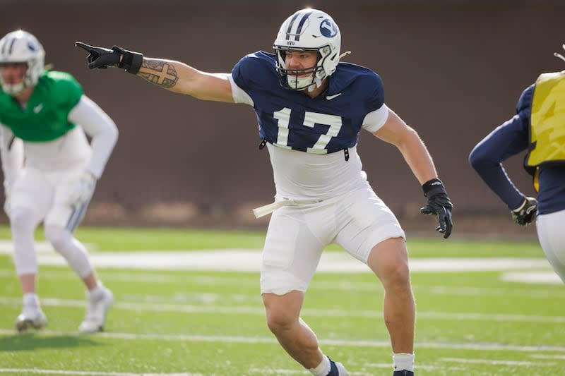 BYU linebacker Jack Kelly, a transfer from Weber State, goes through spring drills in Provo on March 8, 2024. | Jaren Wilkey, BYU Photo