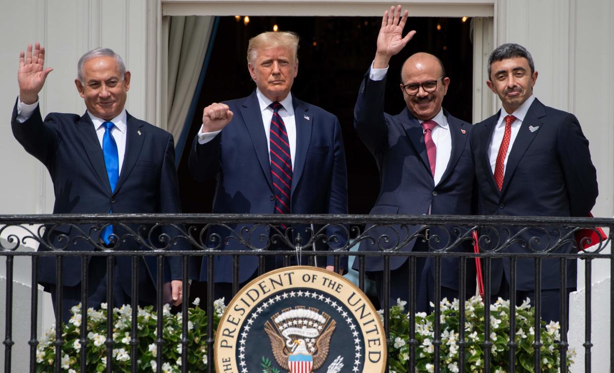 sraeli Prime Minister Benjamin Netanyahu, US President Donald Trump, Bahrain Foreign Minister Abdullatif al-Zayani, and UAE Foreign Minister Abdullah bin Zayed Al-Nahyan are pictured at the White House on 15 September after signing the Abraham Accords.  (AFP via Getty Images)