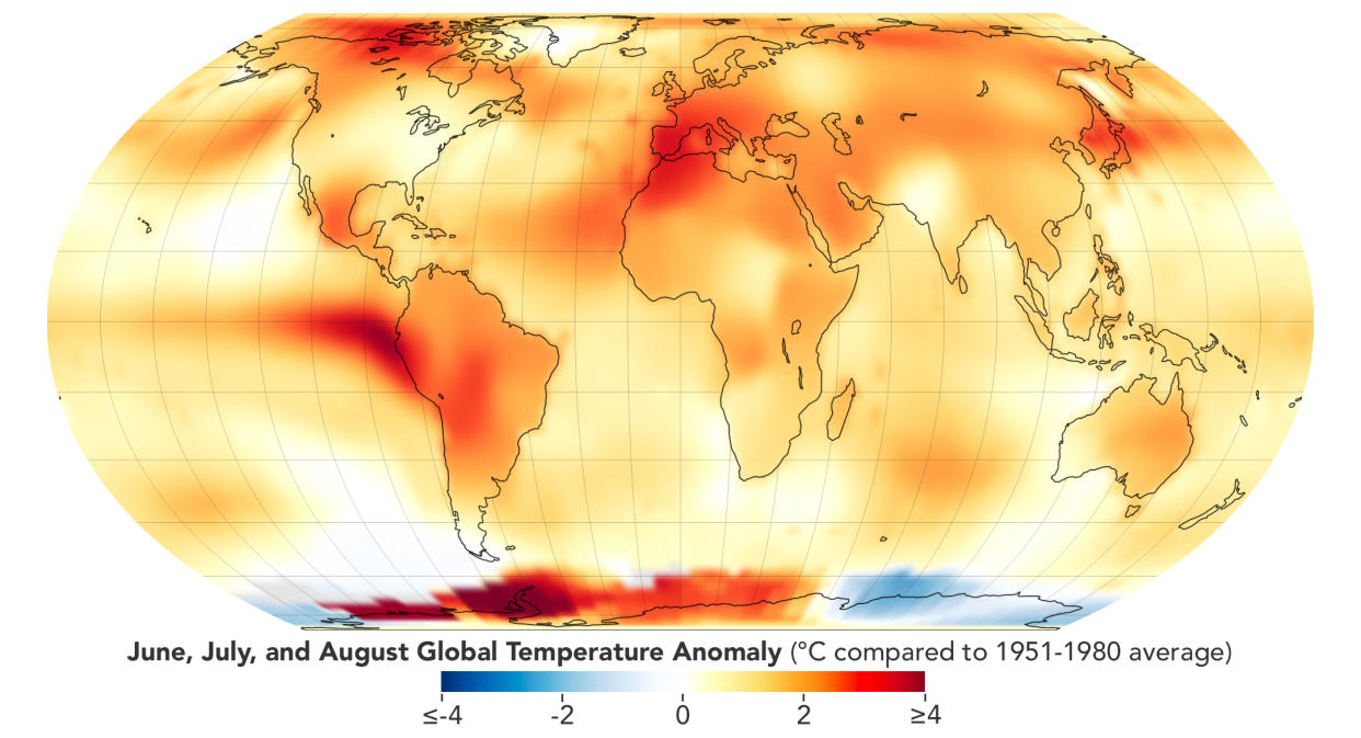  A map with shades of red, yellow and orange depicting global temperature anomalies for meteorological summer in 2023 compared to a baseline average from 1951 to 1980. . 