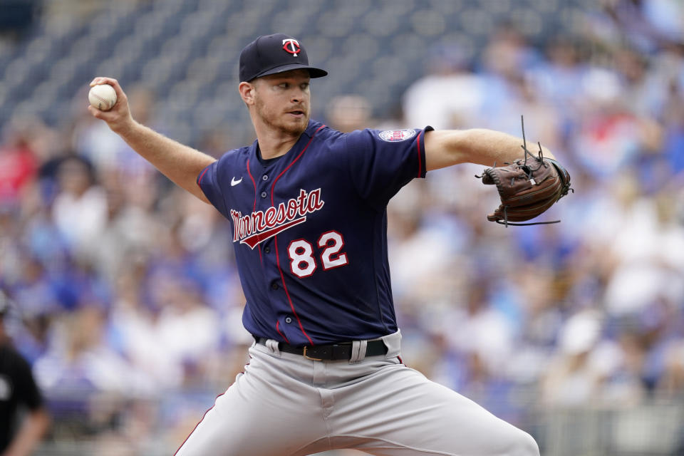 Minnesota Twins starting pitcher Bailey Ober throws during the first inning of a baseball game against the Kansas City Royals Sunday, June 6, 2021, in Kansas City, Mo. (AP Photo/Charlie Riedel)