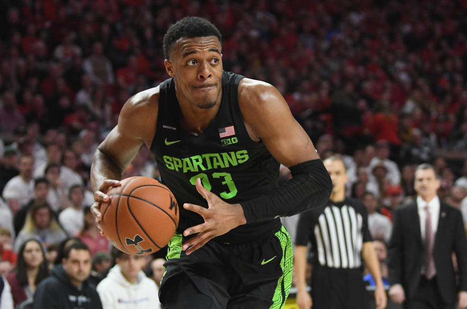 Xavier Tillman Sr. #23 of the Michigan State Spartans handles the ball against the Maryland Terrapins at Xfinity Center on February 29, 2020 in College Park, Maryland.