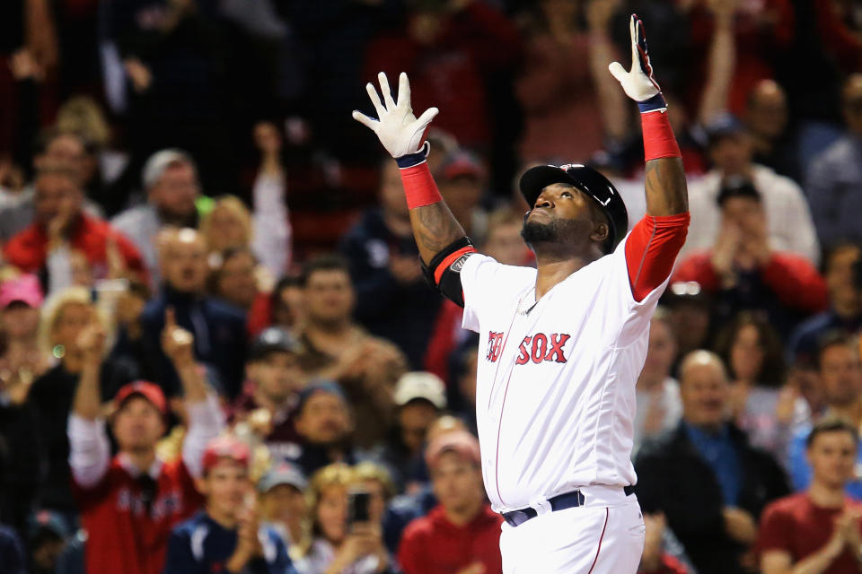 David Ortiz #34 of the Boston Red Sox celebrates after hitting a home run against the New York Yankees during the eighth inning at Fenway Park on September 15, 2016 in Boston, Massachusetts.