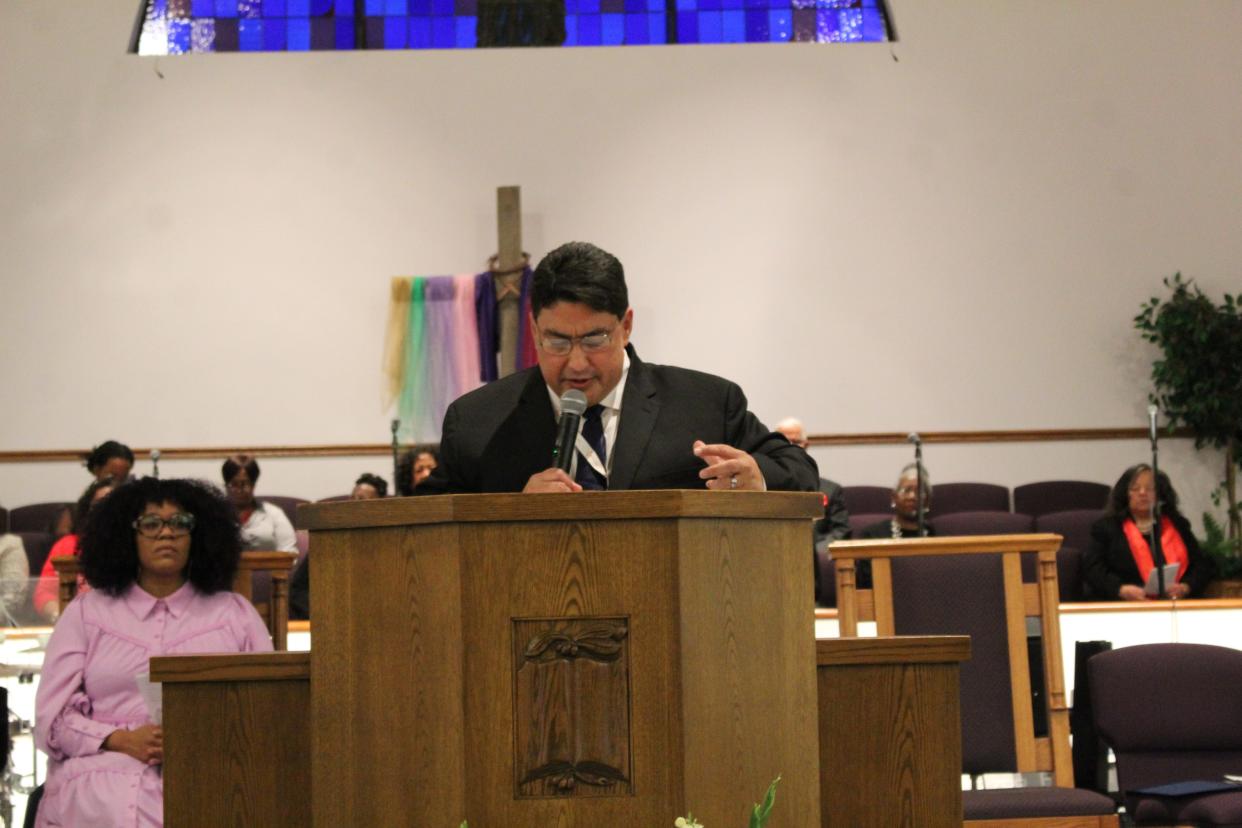 Chaplain Dave Matos speaks at Maddox Memorial Church of God Sunday during a celebration of Dr. Martin Luther King, Jr., on Sunday in Mansfield.