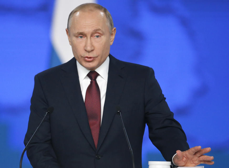 Russian President Vladimir Putin delivers a state-of-the-nation address in Moscow, Russia, Wednesday, Feb. 20, 2019. Putin said Russia needs to focus on raising living standards. (AP Photo/Alexander Zemlianichenko)