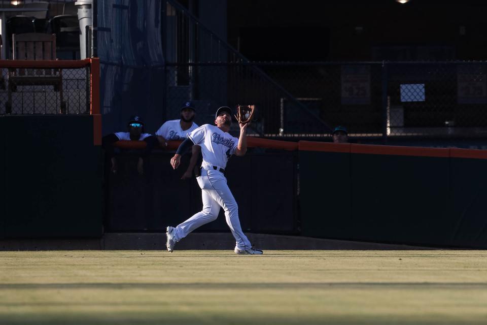 Hooks' Ross Adolph (44) catches a pop fly during the game at Whataburger Field on Thursday, Aug. 18, 2022, in Corpus Christi, Texas.