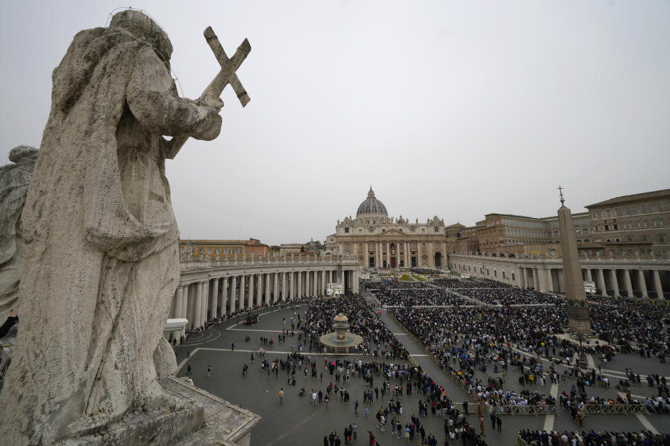 A view of St. Peter's Square at The Vatican during the Easter Sunday mass celebrated by Pope Francis, Sunday, March 31, 2024. (AP Photo/Alessandra Tarantino)