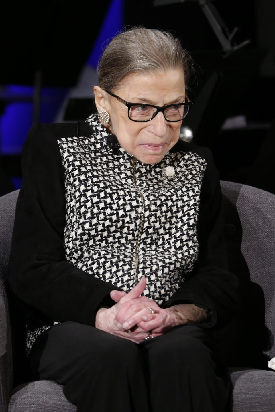 Supreme Court Justice Ruth Bader Ginsburg speaks with author Jeffrey Rosen at the National Constitution Center Americas Town Hall at the National Museum of Women in the Arts, Tuesday, Dec. 17, 2019 in Washington. (AP Photo/Steve Helber)