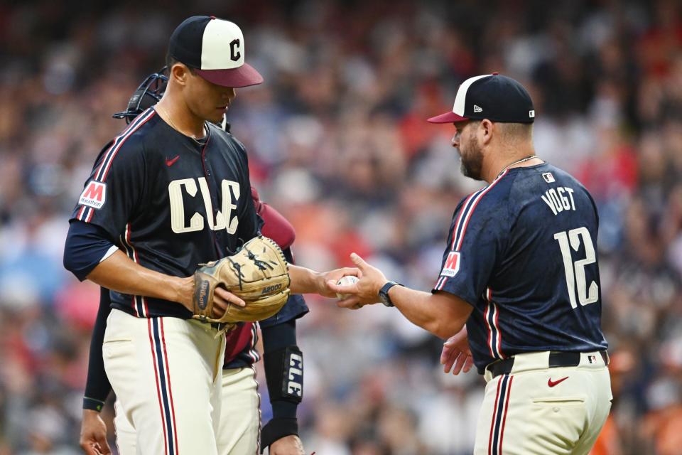 Aug 3, 2024; Cleveland, Ohio, USA; Cleveland Guardians manager Stephen Vogt (12) relieves starting pitcher Joey Cantillo (54) during the fifth inning against the Baltimore Orioles at Progressive Field. Mandatory Credit: Ken Blaze-USA TODAY Sports