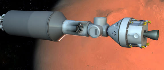 rtist's concept of a manned Mars spacecraft containing a stasis habitat for hibernating astronauts (in tubes at center).