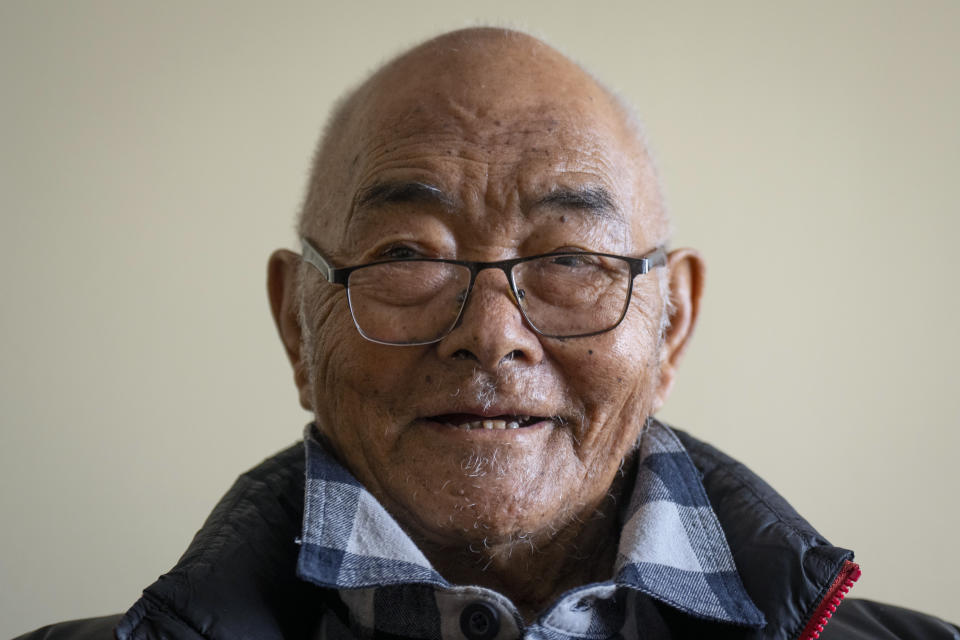 Kanchha Sherpa speaks to Associated press during an interview at his residence in Kathmandu, Nepal, Saturday, March 2, 2024. Kanchha Sherpa, 91, was among the 35 members in the team that put New Zealander Edmund Hillary and his Sherpa guide Tenzing Norgay atop the 8,849-meter (29,032-foot) peak on May 29, 1953. (AP Photo/Niranjan Shrestha)