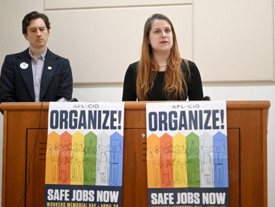 Sarah Hammond speaks during the Workers’ Memorial Day event at the State College Borough Building on Friday, April 28, 2023.