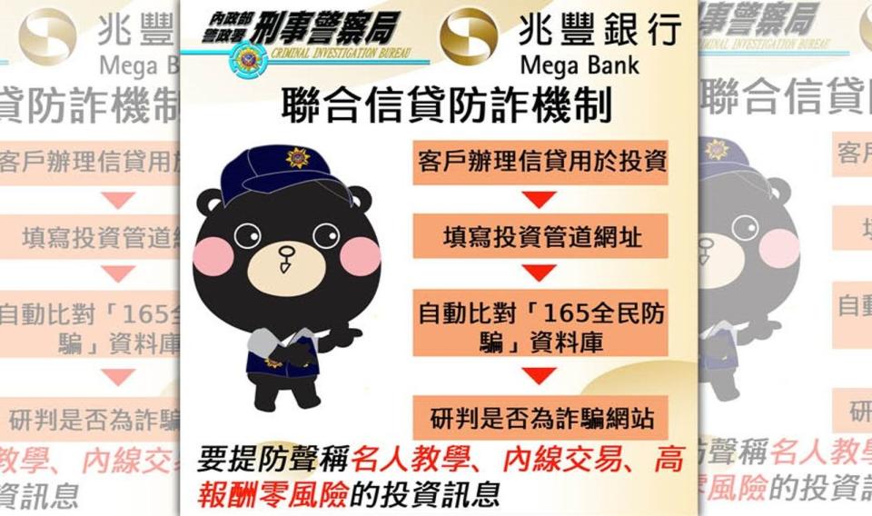 刑事警察局跟兆豐銀行合作採取行動，加強信貸貸款流程中的風險控管。（刑事局提供）