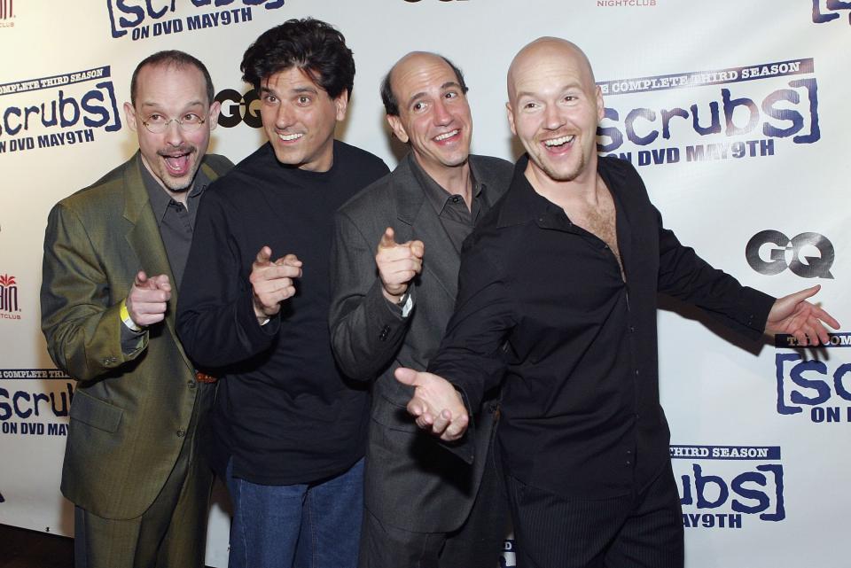 Sam Lloyd, second from right, appears with his a cappella group, The Blanks, featuring, from left, Paul F. Perry, George Miserlis and Philip McNiven, at the <em>Scrubs</em> wrap party April 27, 2006, in Las Vegas. (Photo: Ethan Miller/Getty Images)