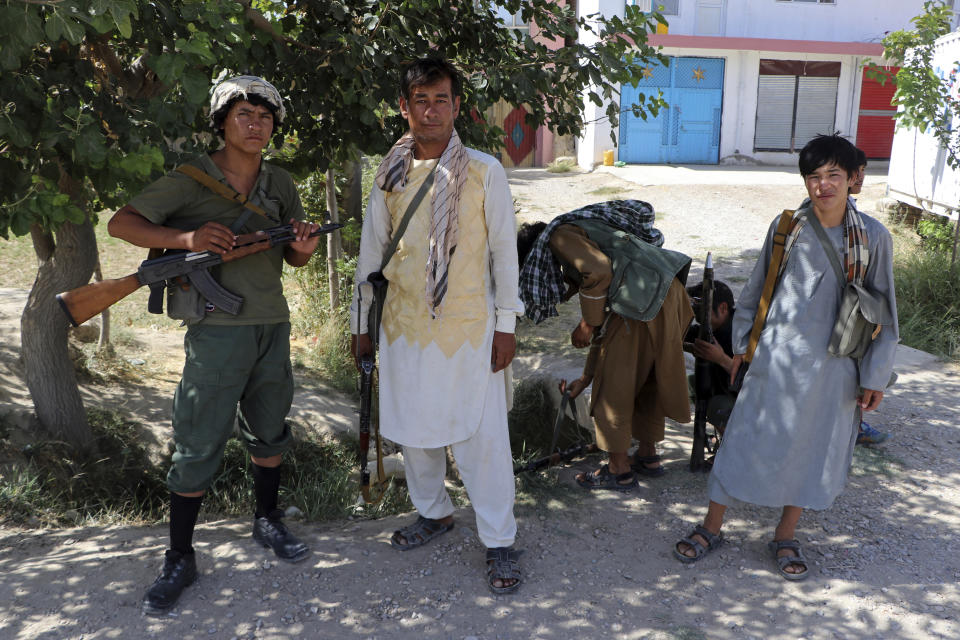 Militiamen loyal to Ata Mohammad Noor, chief of Jamiat-e-Islami, an Islamic political party, and a powerful northern warlord, patrol on the outskirts of Mazar-e-Sharif, Afghanistan, Tuesday, Aug. 10, 2021. (AP Photo/Mirwais Bezhan)