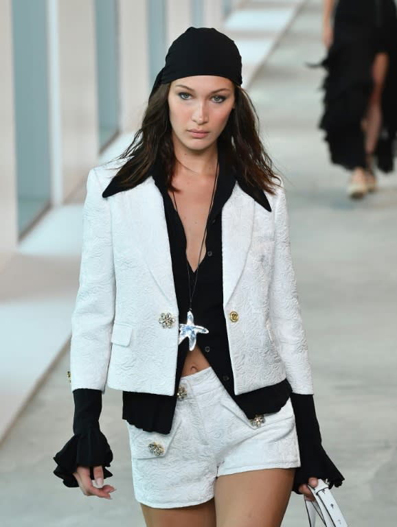 Model Bella Hadid, in baby blue, towers above some of the shorter women at New York Fashion Week