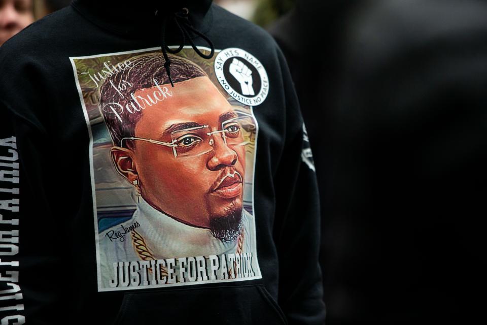 A hoodie featuring Patrick Lyoya is worn during a protest on April 13, 2022, in downtown Grand Rapids, Mich.