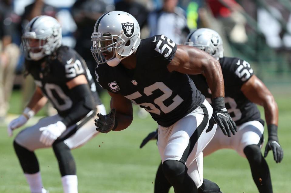 Oakland Raiders linebacker Khalil Mack in action against the Atlanta Falcons. (Daniel Gluskoter/AP Images for Panini)