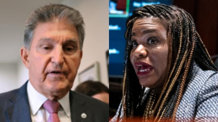 In an interview at the U.S. Capitol with Fox News, Democratic Sen. Joe Manchin of West Virginia (left) responded to scathing remarks earlier this week from Missouri Rep. Cori Bush (right). (Photos: Chip Somodevilla and Greg Nash/Getty Images)