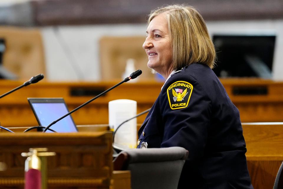 Interim Police Chief Teresa Theetge, candidate for new Cincinnati Chief of Police, gives a statement during a meeting of council's law and public safety committee Tuesday.