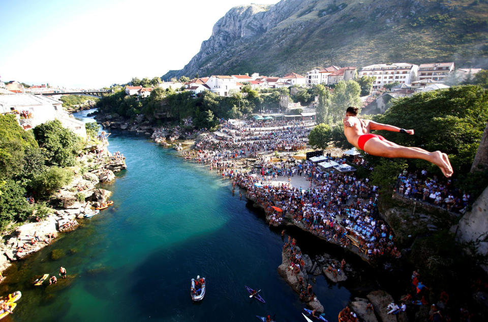 A man jumps from the Old Bridge in Mostar